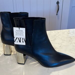 Zara Black Leather Boots with Metallic Heels, 38, NWT